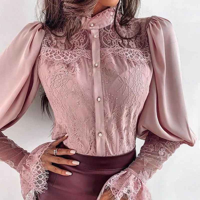 Light purple Весна, женские блузки, топы для девушек, пышные фонарики с длинным рукавом, кружевные рубашки с оборками, женские OL Модные осенние блузки на пуговицах, рубашки - Цвет: Light purple