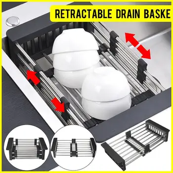 

Stainless Steel Adjustable Telescopic Kitchen Over Sink Dish Drying Rack Insert Storage Organizer Fruit Vegetable Tray Drainer
