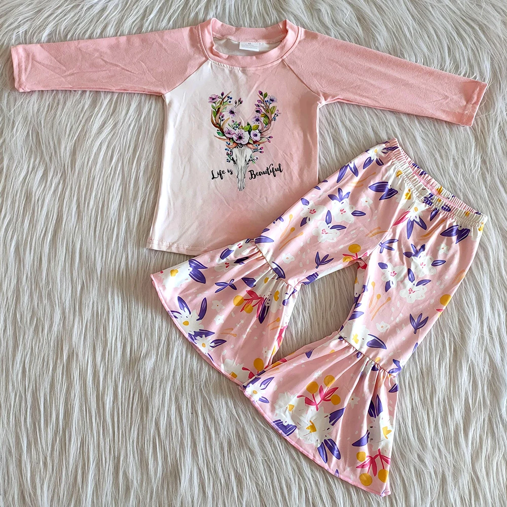 

fashion children long sleeve outfit letter designs girl fall shirt and bell pants set baby girls outfit with flowers and cow