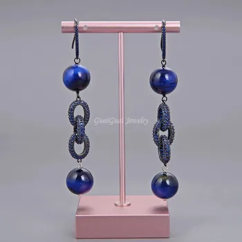 

GG Jewelry Round Blue Tiger's Eye Colbalt Cz pave Ring Hook Earrings