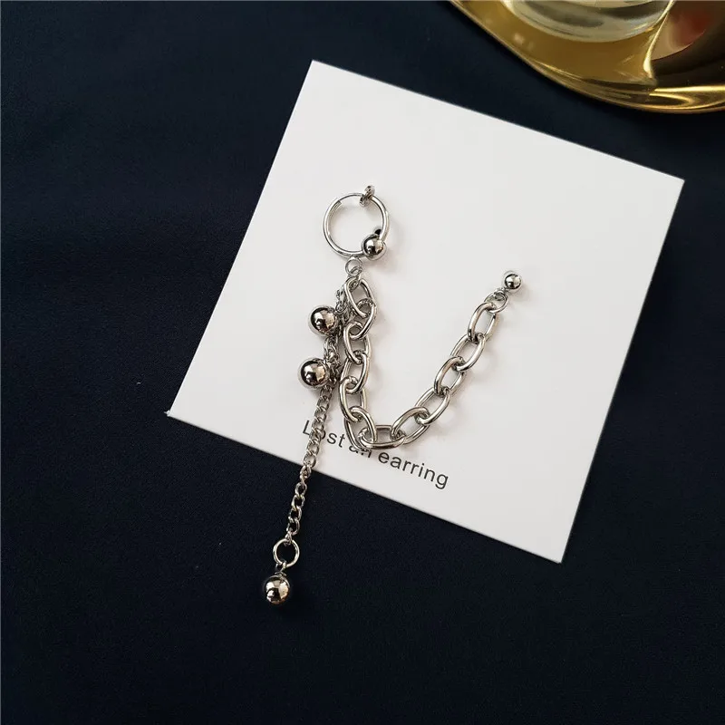

1PC Punk Round Bead Long Tassel Piercing Stud Earrings Ear Clip Women Jewelry Hip Hop Silver Color Chain Pendant Earrings E486