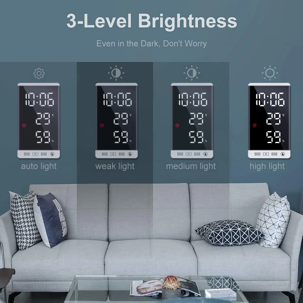 6 colių LED veidrodinis žadintuvas, jutiklinis mygtukas, sieninis skaitmeninis laikrodis, laiko temperatūros ir drėgmės ekranas, USB išvesties prievadas, stalo laikrodis_voghion.com