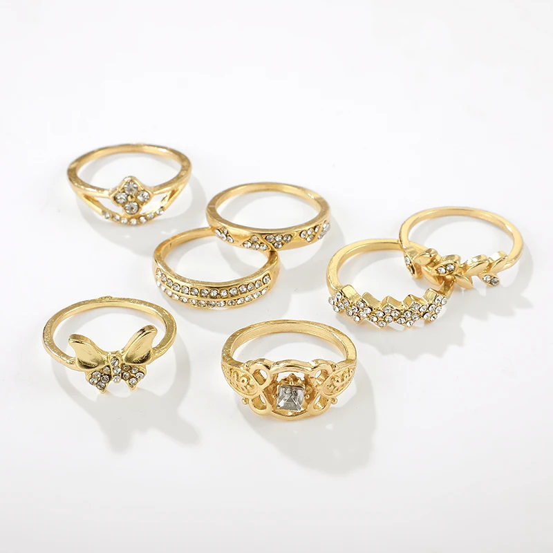 Tocona 7 шт./компл. в богемном стиле золотые кольца для Для женщин, платье с милой бабочкой, Резьба цветы блестящий хрустальный камень Обручальные кольца 9073