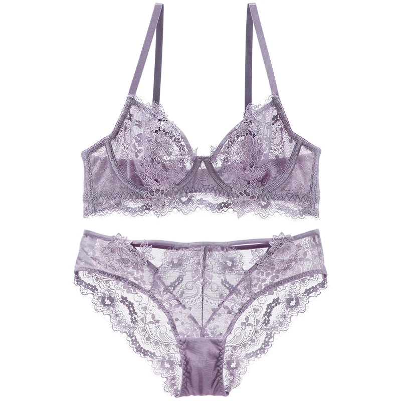 

Tranparent Bra Set For Women Embroidery Lace Bra Eyelash Floral Trim Underwire Underwear Lingerie Women Grayish Purple