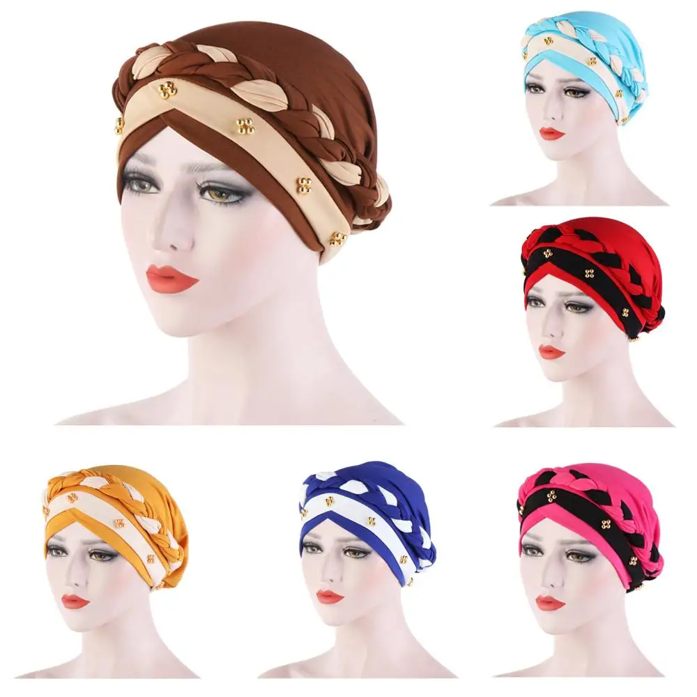

2021 New European and American Spring and Autumn Muslim Baotou Cap Milk Silk Monochrome Beaded Whip Turban Hat Spot