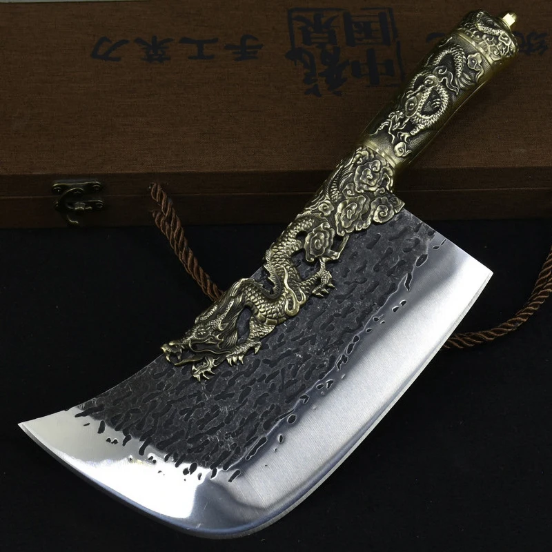 Longquan 9 Inch China Knife Copper Dragon Decor Steel Kitchen