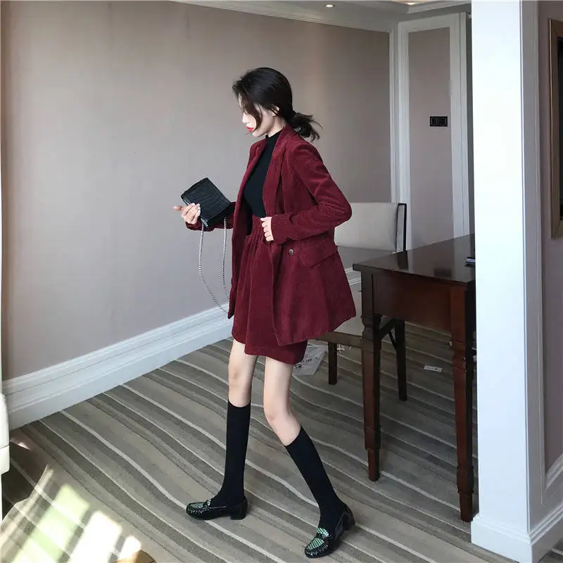 JuneLove Autumn Solid Women Elegant Corduroy Blazer OL Notch Collar Jacket Female Wine Red Double Breasted Coats Outwears Bottom
