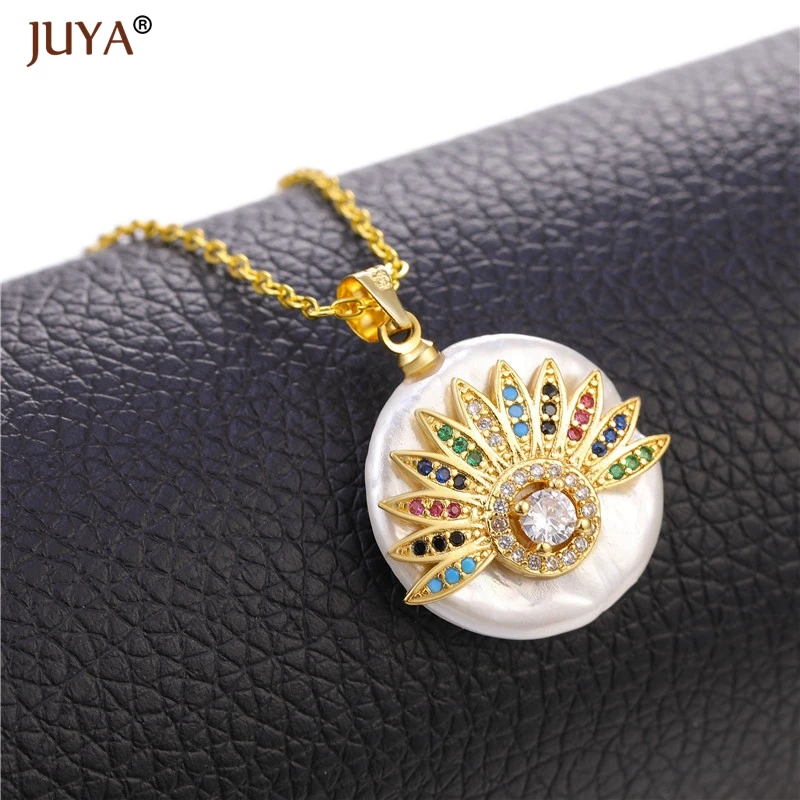 Round White Shell Pendant with Micro Pave Zircon Fashion 24 Pattern Design Pendants Necklaces For Women Jewelry