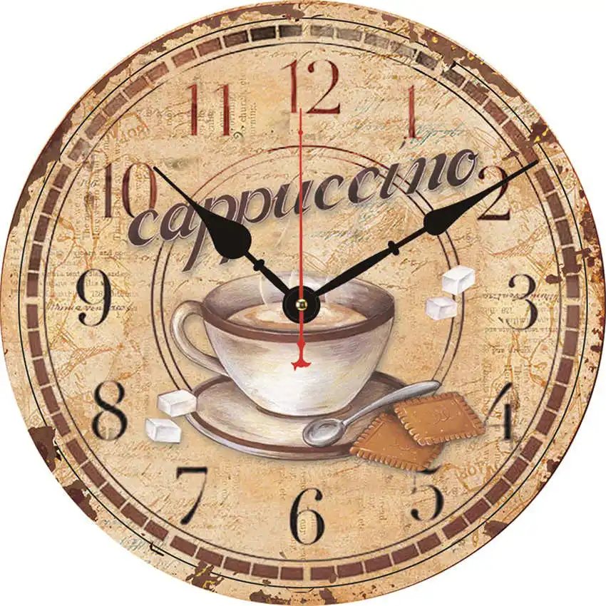 Kitchen Clocks Shabby Retro Non-Ticking Silent Quiet Wall Clocks Shop Cafee Bar Wall Watch Cappuccino Cafee Antique Wall Watch