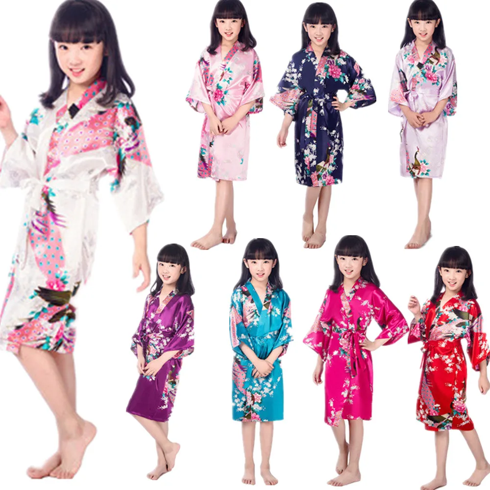Child Satin Kimono Robes Girls Kids Floral Sleepwear Peacock Flower Robe Spa Wedding Birthday Nightgown child bathrobe