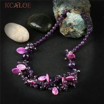 

KCALOE Purple Crystal Layered Necklace Natural Onyx Stone Shell Leaf Bohemia Jewelry Wedding Chunky Necklaces For Women Choker