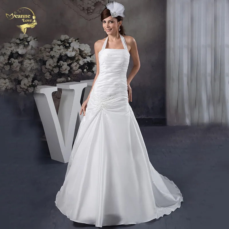 Свадебные платья с лямкой на шее Бисер дешевое свадебное платье Vestidos Longo Simples