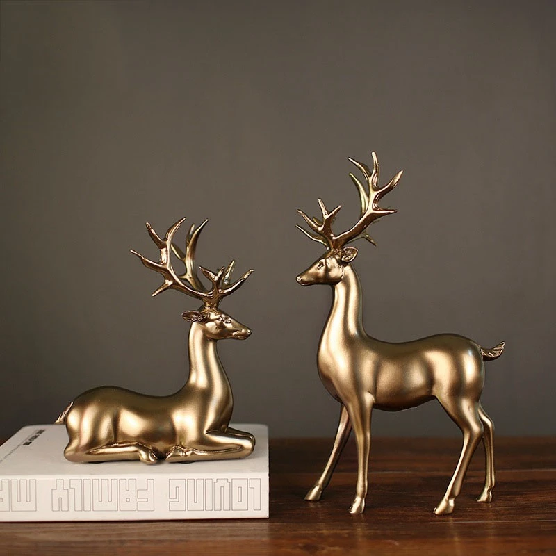  1 Set of 2 Golden Deer Statue Miniature Model European Resin Deer Living Room Bedroom Wine Cabinet  - 4000260252488