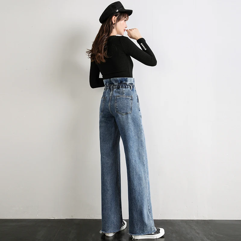 Женские джинсы с высокой талией, женские Джинсы бойфренда синего цвета, свободные штаны для девушек, Длинные корейские джинсовые брюки