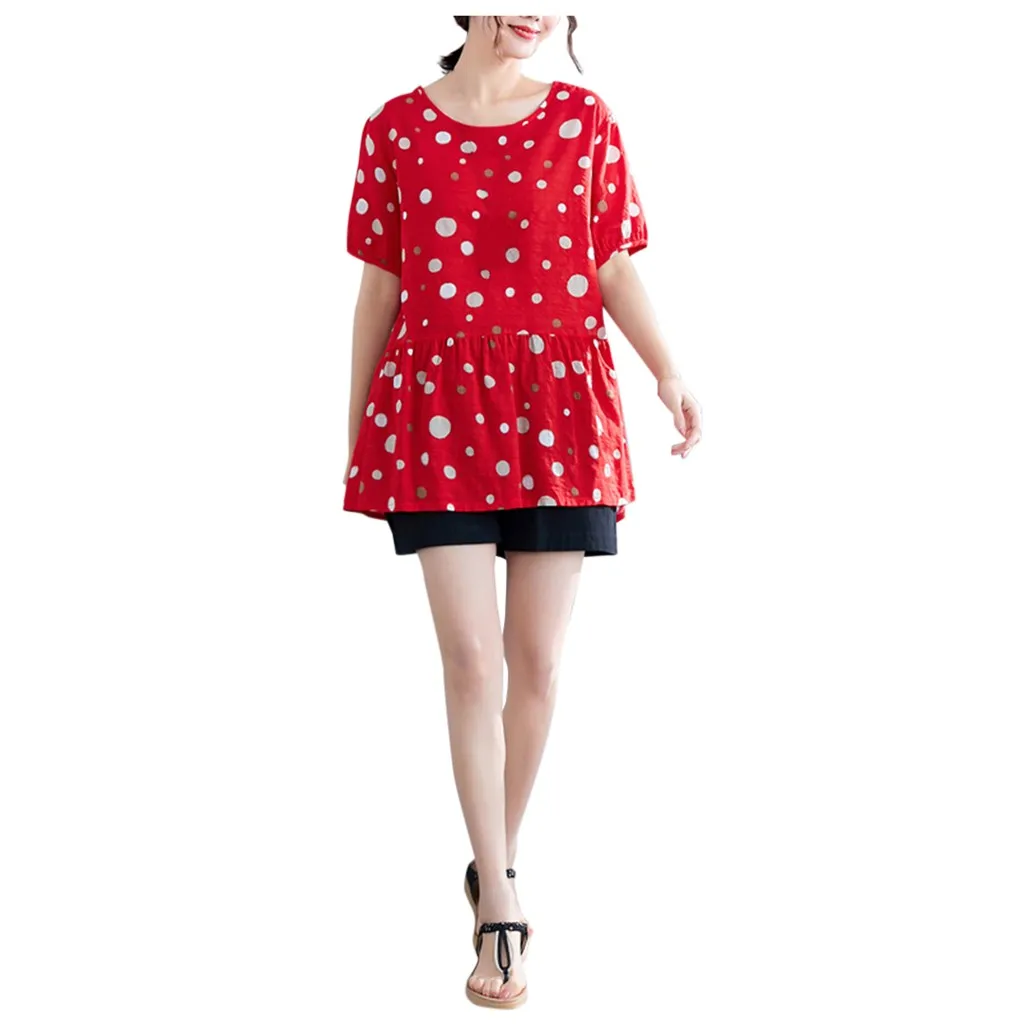 Women's Cute Polka Dot Printing O-Neck Short Sleeve Blouse Summer Shirt New Woman Slim Fit Tight Retro Tops | Мать и ребенок