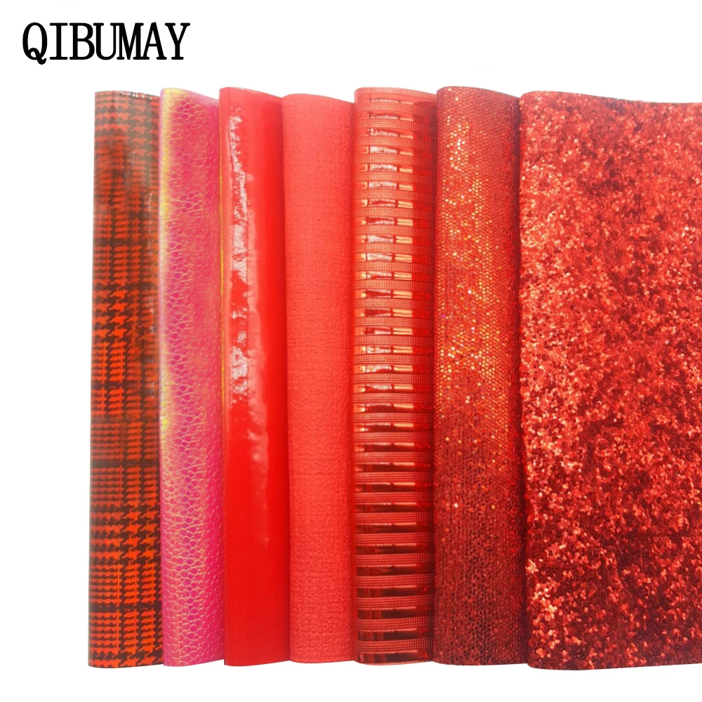 

QIBU Wholesale Fabric Faux Leather Sheets Red Smooth Glitter Multi Materials DIY Bags Shoes Accessories PU leather Bow Fabric