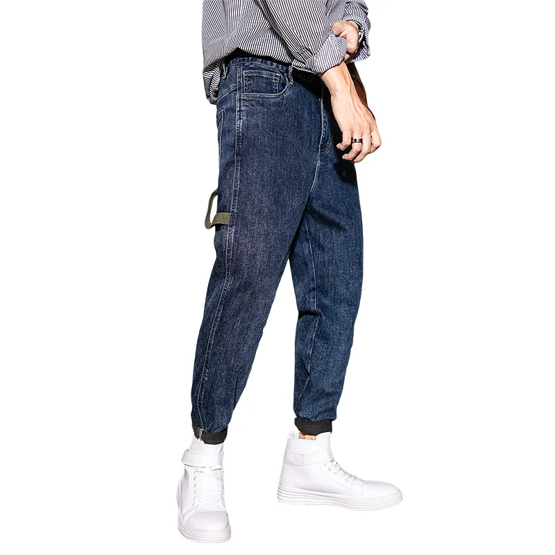

Новые осенние облегающие мужские джинсы с несколькими карманами, Простые Супер крутые небольшие прямые брюки, модные брюки Harlan с девятью точками
