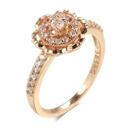 Elegant Rose Gold Zircon Flower Ring - Women's Crystal Vintage Wedding Jewelry Gift - 8 (Z0811)