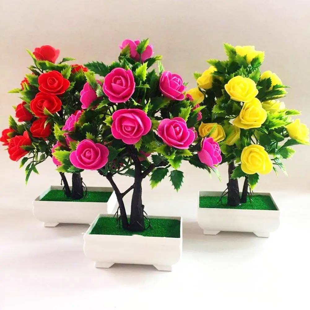 

Artificial Flower Plant Rose Potted Bonsai Office Garden Desktop Ornament Decor Artificial Flowers in Pot For Home Decor