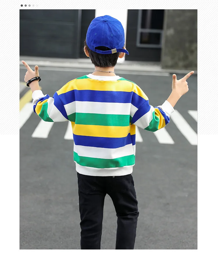Children t-shirts boy clothes long sleeve coats red green yellow stripe Tshirts teens boys kid sweatshirt 4-14 years tops tees