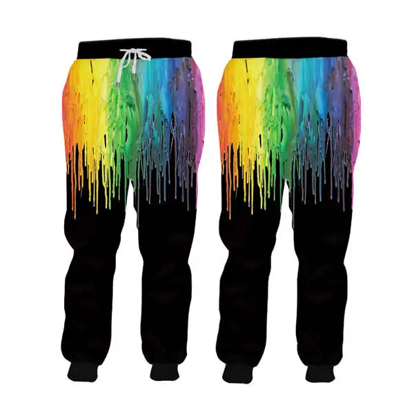 black rainbow Большие размеры, S-6XL, мужские/женские брюки для бега, классные 3D цветные чернила, принт, спортивные штаны унисекс, повседневные спортивные брюки на шнурке, на заказ - Цвет: black rainbow