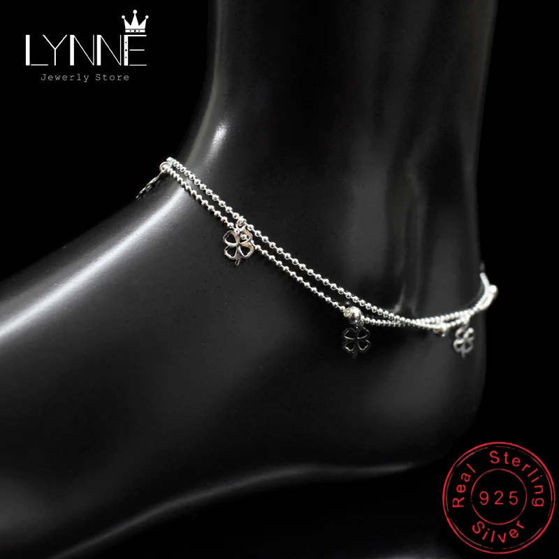 Silver Plated Новейшая мода 925 стерлингового серебра двойной слой маленький шар цепь ножной браслет Счастливый Клевер Кулон ножной браслет для женщин ювелирные изделия - Окраска металла: Silver Plated