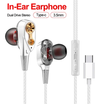 

USB Type C Wired Earphone With Mic Volumn In Line High Bass Dual Dynamic Drive Sport 4D Stereo Headset Earbud Hands Free usbc c