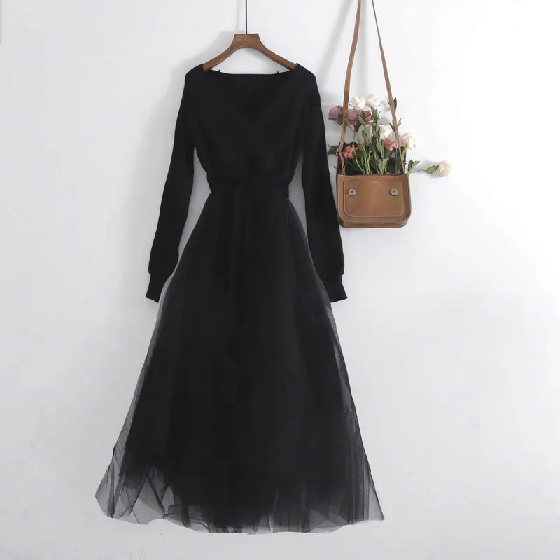 Women Dress Женское осенне-зимнее платье с рукавами-фонариками Из Сетчатой Ткани в стиле пэчворк, Сетчатое трикотажное платье-бандаж с бантом, Винтажные эластичные тонкие вечерние платья-миди - Цвет: Women Dress