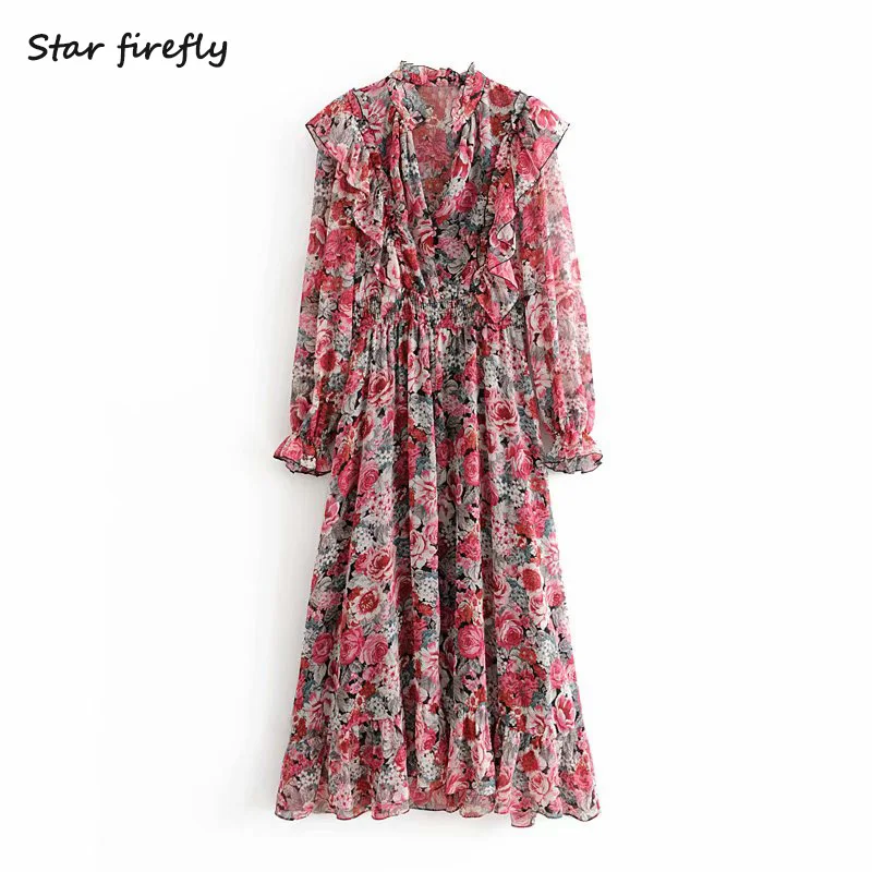 

Star firefly fashion Za dress female 2019 autumn casual Slim V-neck petal sleeves ruffled flower print long dress women