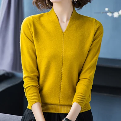 Осенне-зимний свитер, вязаный Повседневный пуловер с v-образным вырезом, женская одежда с длинным рукавом, женский свитер, пуловер, джемпер Mujer - Цвет: yellow