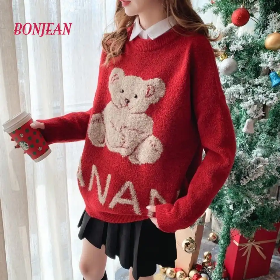 クリスマスジャンパークマセーター女性日本のファッションの女性新秋と冬ルース特大ニットセーター韓国トップス プルオーバー Aliexpress