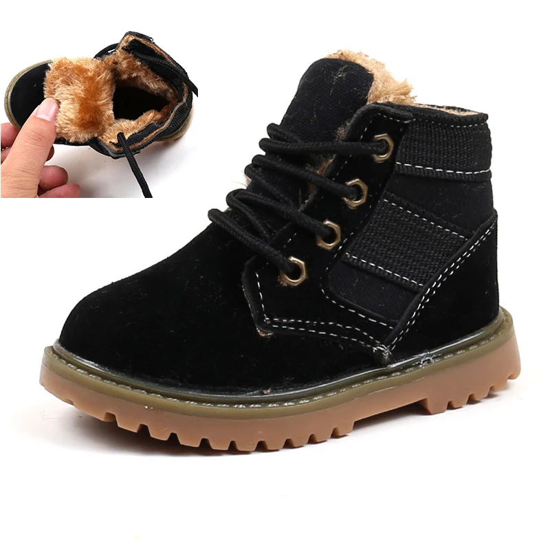 COZULMA/осенне-зимние ботинки-дезерты с мехом для малышей; Ботинки martin для мальчиков и девочек; Детские армейские ботинки до середины икры; детская обувь - Цвет: Black with Fur