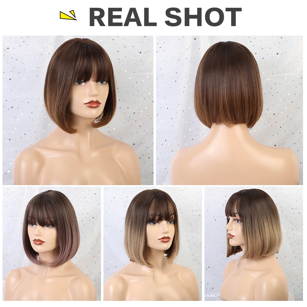 Cheap BLONDE UNICORN Synthetic Short Bob Wig Ombre Light Purple 14 Inch Straight Hair Cosplay Wig With Bangs Lolita Wigs For Womens