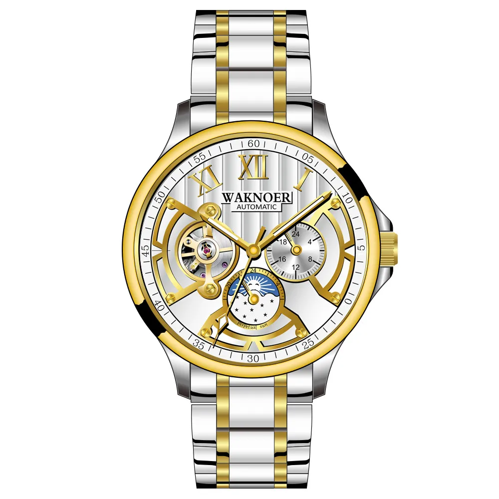 mix silver alloy WAKNOER автоматические механические часы для мужчин из нержавеющей стали водонепроницаемый Moon Phase светящиеся роскошные золотые бизнес Tourbillon Montre Homme - Цвет: mix silver alloy