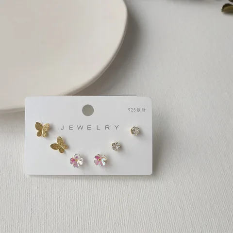 Simple Crystal Stud Earring Set For Women Butterfly Flowers Pearl Zircon Earrings Girl Party Wedding Engagement Jewelry