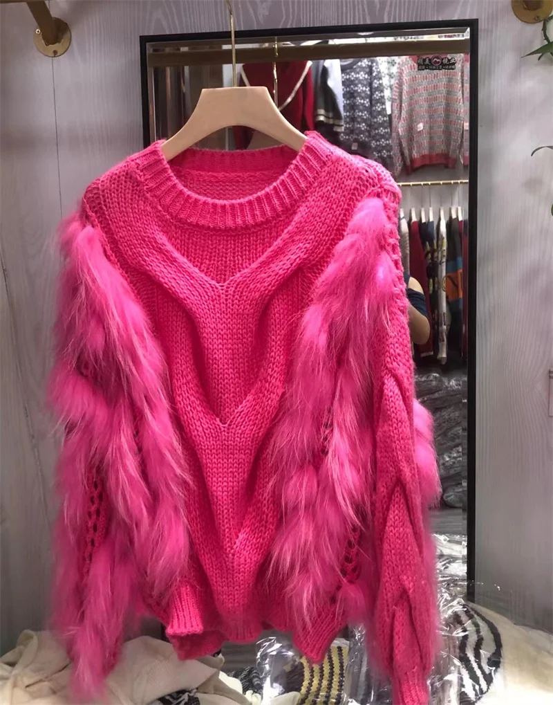 Women's Raccoon Fur Knitted Sweater Autumn Winter 2021 New