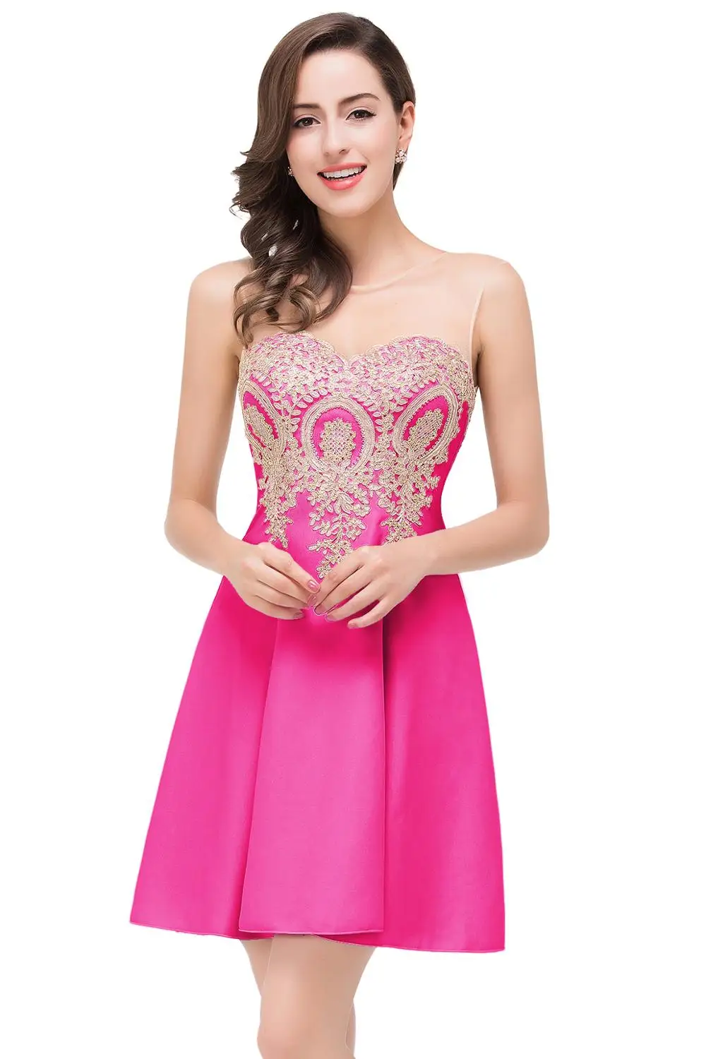 Robe de soiree вечернее платье элегантное короткое вечернее платье трапециевидной формы аппликация без рукавов вечернее платье Быстрая отправка - Цвет: Fuchsia