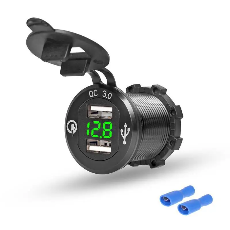 

DIY 5V 1.5A + QC 3.0 + Voltmeter Dual USB Charger Aluminum alloy Metal Waterproof for 12V/24V Car RV Boat UTV ATV Motorcycle