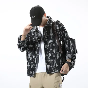 

Spring and Autumn Popular Brand Jeans Coat Male Loose and Plus-sized Casual Daubs of Floral Jacket Trend Japanese-style Tops