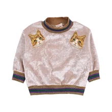 Коллекция года, детская одежда толстый бархатный свитер с воротником средней высоты и рисунком кота для девочек