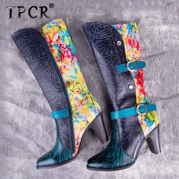 

TPCR 2020 New High quality fashion Boot Genuine Leather Pointed Toe Zip Women Shoes Hand-painted Ethnic style Casual girls Boots