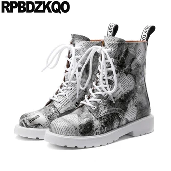 

round toe women big size gray combat plus front lace up casual ankle boots autumn genuine leather military shoes block chunky 10