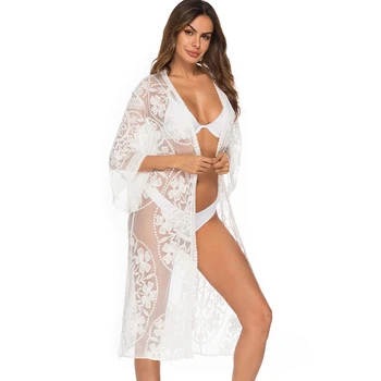 

Women's Lace Mesh Cloth Bikini Cardigan Holiday Wind Beach Blouse Sunsn Clothing White One Size