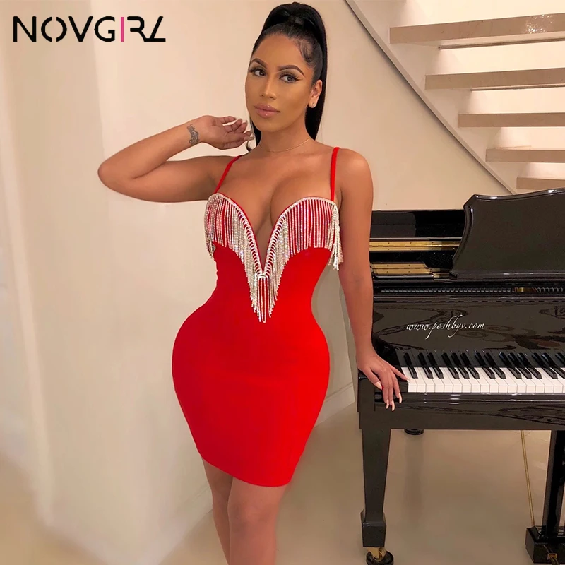 Novgirl, украшенные кристаллами, с висящими кисточками глубокий v-образный вырез на шее, сексуальный вечерние платье Для женщин Спагетти ремень Bodycon мини платье белого цвета на день рождения, Vestidos