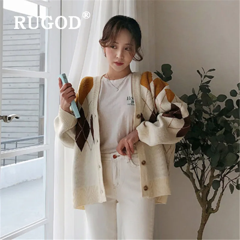 

RUGOD V-neck Sweater 2019 Korean style Geometric Argyle Contrast Color Single Breasted Long Sleeve Casual Lady Knitted Cardigans Pull Femme Hiver