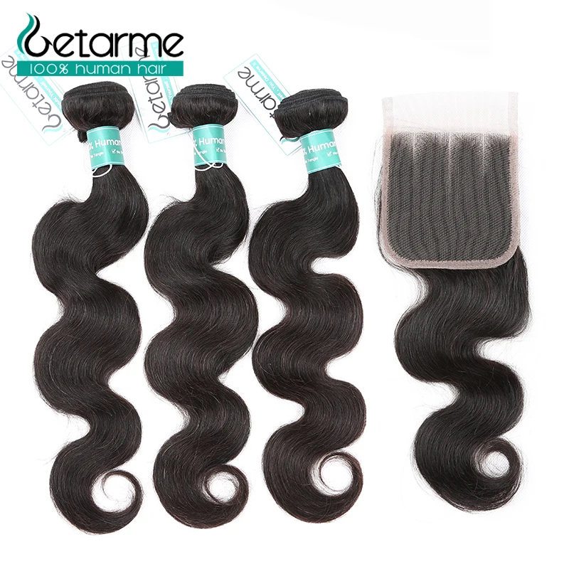 

Peruvian Body Wave Human Hair 3 Bundles With Lace Closure Middle Part 4 Pcs/Lot Remy Hair Weave Extensions