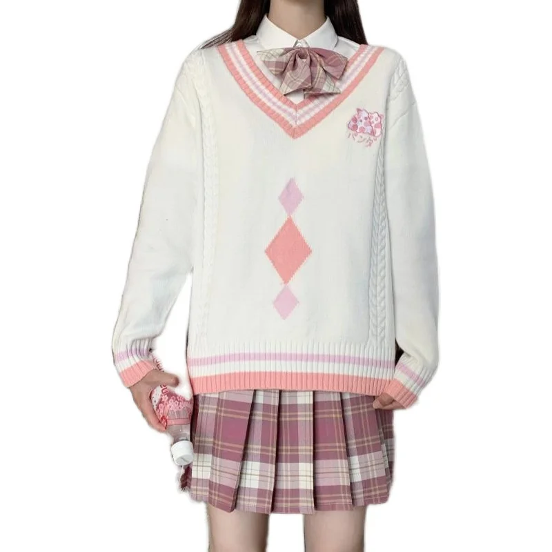 White JK Sweater Coats Pink Line V Neck Navy Sailor Suit Japanese School Uniform Vintage Coat For dress | Женская одежда