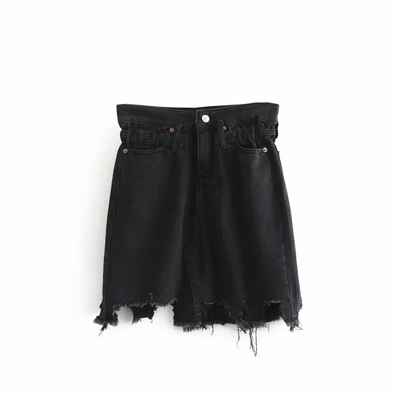 

A5100-8748 Skirt Autumn 2018 Elasticity Waist Pocket-Accent Irregular Hem with Holes Cowboy Half-length Short Skirt