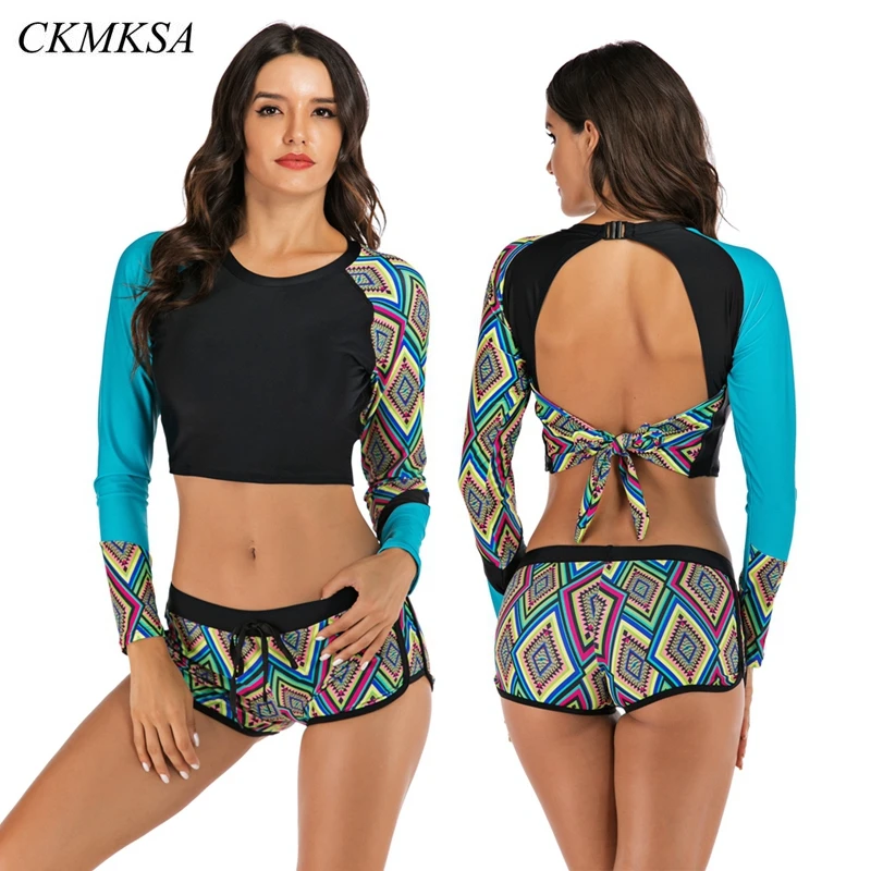 

2019 Rash guard Green Swimsuit Women Swimwear Plus Size Tankini Long Sleeve Sports Surfing Suit Backless Bathing Suit Shorts XXL