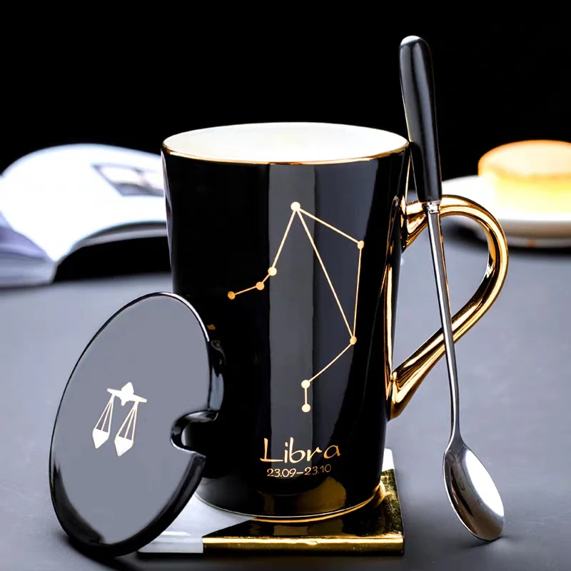 Ceramic Mugs 12 Constellations Creative Glass with Spoon Lid Black and Gold Porcelain Zodiac Milk Coffee Cup Drinkware | Дом и сад